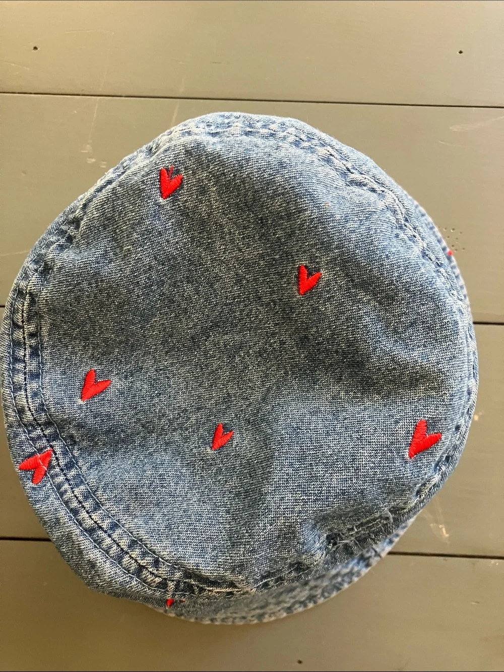ZARA Kids Faded Denim Bucket Hat w/ Red Heart Embroidery OS Pre-Loved